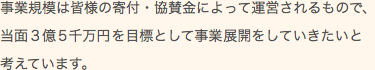事業規模は皆様の寄付・協賛金によって運営されるもので、当面3億5千万円を目標として事業展開をしていきたいと考えています。